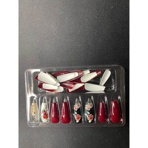 Maroon Coffin Press-On Nails with Black & White Floral Design